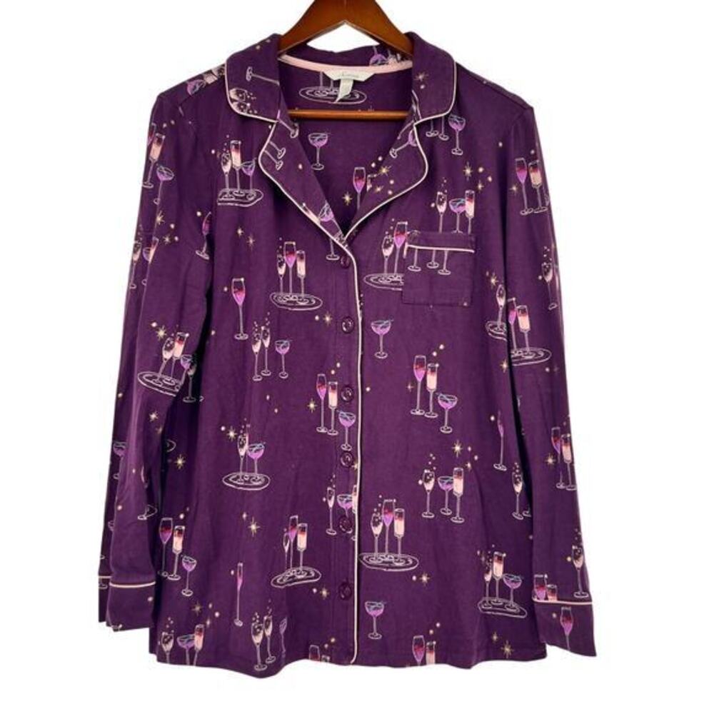 Soma Cotton Blend Long Sleeve Notch Collar Pajama Top Purple wine glasses large